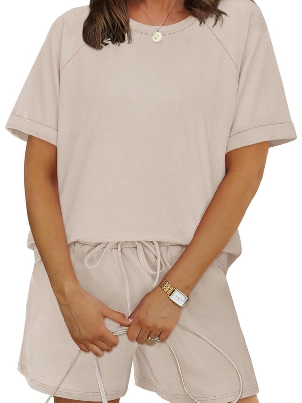 Neutral Cream Drawstring Sweatshirt & Shorts Set - Women's Lounge Set
